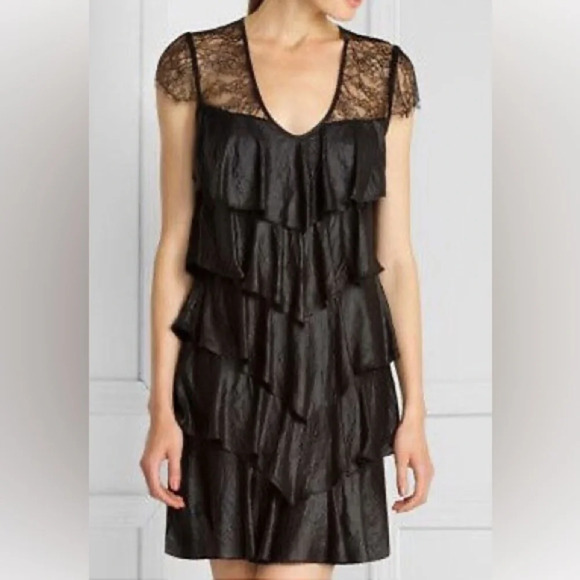 BCBGMAXAZRIA Black Ruffle Woven Tiered Lace Dress  Cap Sleeve V‎ Neck EUC Sz S - Picture 1 of 14